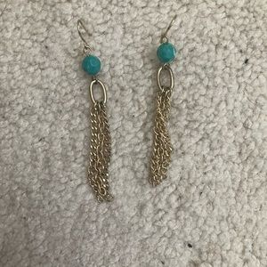 Dangling pierced Gold-tone tassel earrings with turquoise colored bead